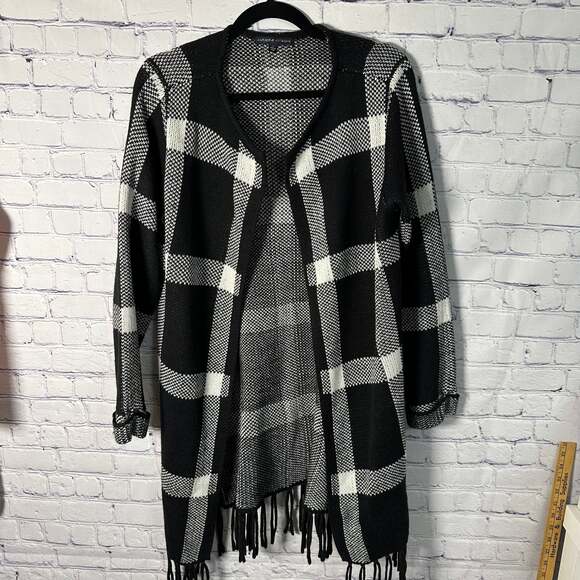 Adrienne Vittadini Open Front Long Black&White Herringbone Sweater Size L - Picture 1 of 5